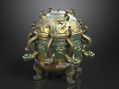 Ancient Bronze Ware With Intricate Dragon Decorations And Round Lid Design 3d model