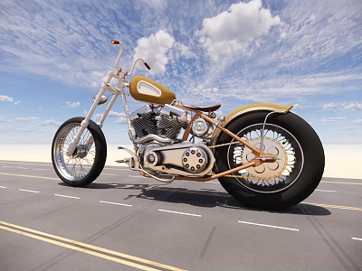 Custom Gold and Black Motorcycle on Road with Blue Sky White Clouds 3d model
