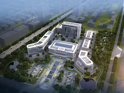 Modern Building Complex Campus With Connected Structures Green Spaces And Parking Facilities 3d model