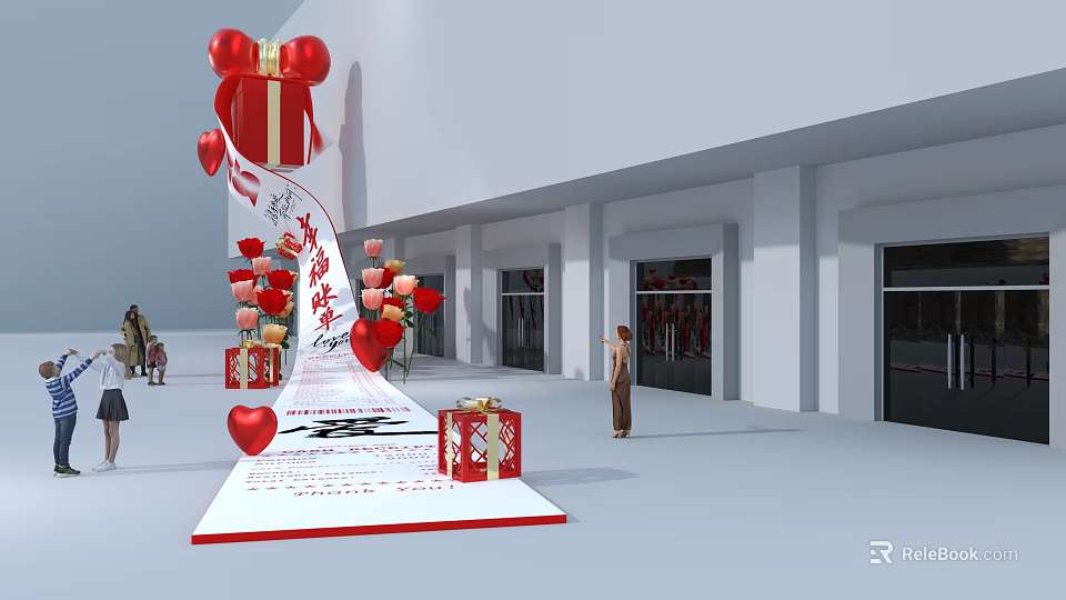 Photo Check-in Spot With Red Arch Bow Gift Boxes Heart Decorations And Red Carpet 3d model 