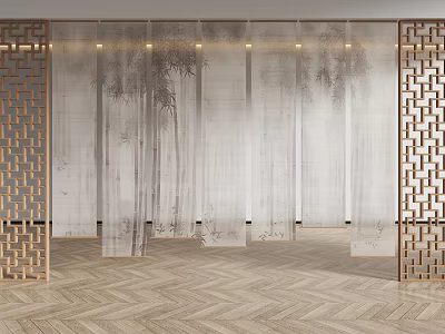 Elegant Modern Blinds With Bamboo Leaf Pattern And Wooden Lattice Sides On Herringbone Wood Flooring 3d model