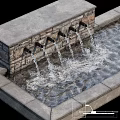 Garden Water Features with Brick Wall and Three Square Columns Water Flowing into Pool Basin 3d model