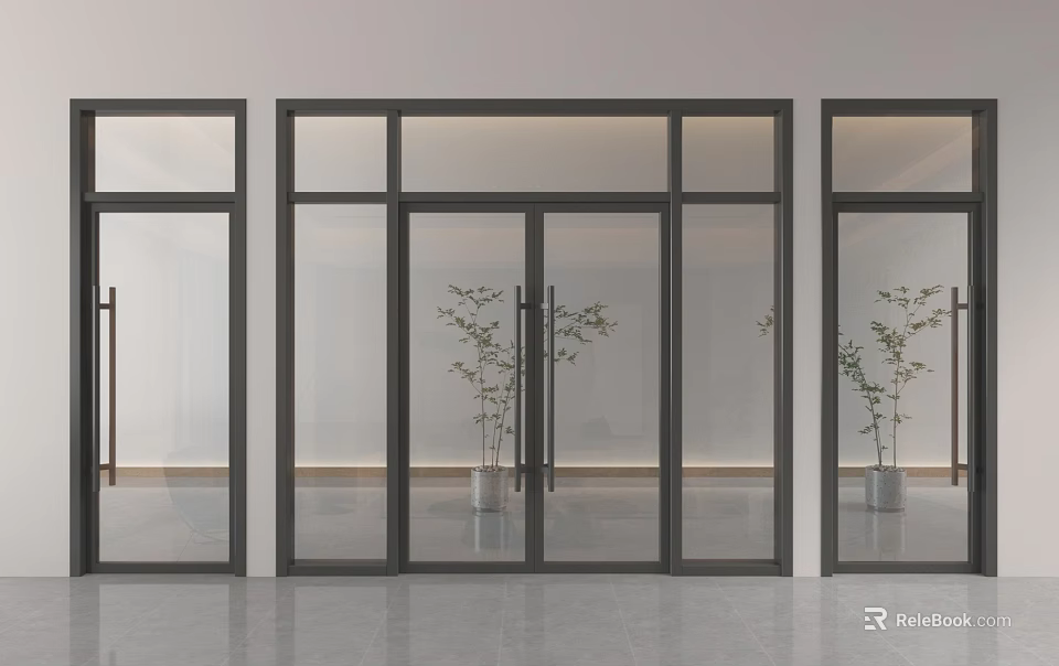 Modern Interior With Multiple Glass Doors Black Frames Handles And Decorative Plants 3d model 