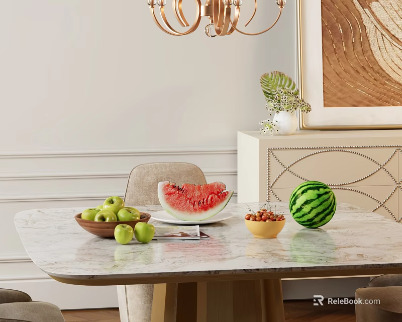 Fresh Assorted Fruits On Marble Table With Sliced Watermelon Green Apples And Berries Bowl 3d model 