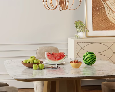 Fresh Assorted Fruits On Marble Table With Sliced Watermelon Green Apples And Berries Bowl 3d model