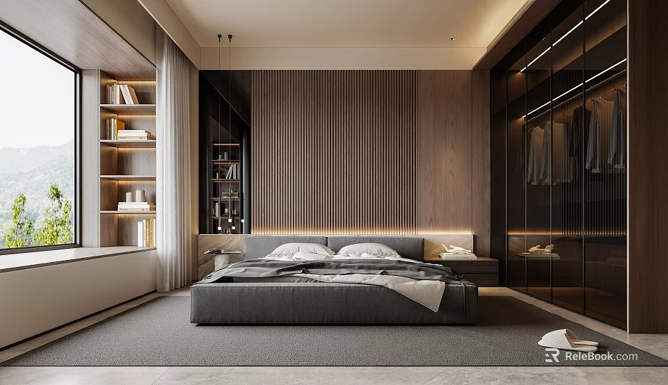 Modern Minimalist Bedroom With Wooden Vertical Slat Wall Grey Bed Window Bookshelf And Closet 3d model 