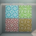 Wall Design with Four Patterned Tiles in Different Colors Blue Green Red Yellow
