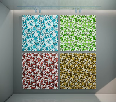Wall Design with Four Patterned Tiles in Different Colors Blue Green Red Yellow 3d model