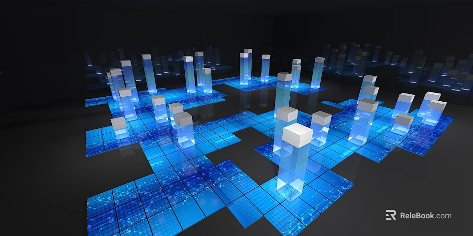 Futuristic Digital Cityscape With Blue Glowing Grid Floors And White Cubes 3d model 