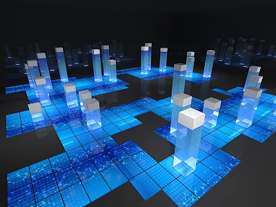 Futuristic Digital Cityscape With Blue Glowing Grid Floors And White Cubes 3d model