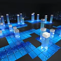 Futuristic Digital Cityscape With Blue Glowing Grid Floors And White Cubes