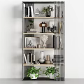 Modern Bookcase Interior With Books Decorative Pieces Green Plants And Lamp