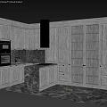 Modern Kitchen With Dark Gray Cabinets Marble And Lighting 3d model