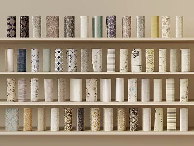 Assorted Decorative Cylindrical Items With Various Patterns And Colors On Shelves 3d model