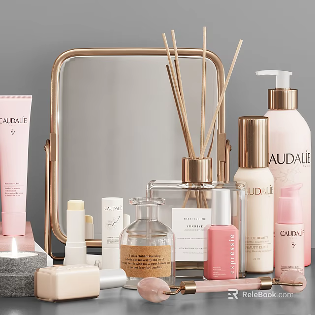Modern Bathroom Accessories With Gold Frame Mirror Reed Diffuser And Skincare Bottles 3d model 