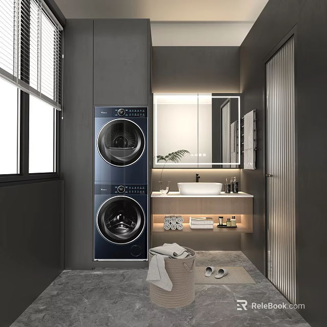Modern Bathroom Interior Design With Stacked Washer Dryer White Sink Mirror Towels And Potted Plant 3d model 