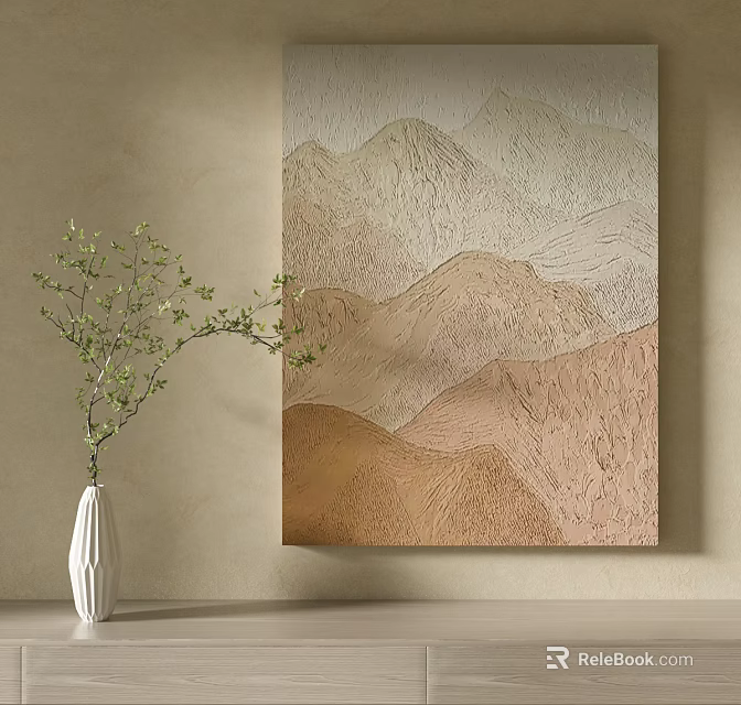 Abstract Painting With Textured Mountain Shapes Beige Brown Hues White Vase Green Branches Wall Decor 3d model 