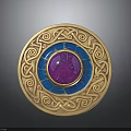 Elegant Circular Decorative Accessory With Golden Intricate Patterns Blue Center And Purple Gemstone