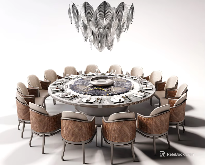 Elegant Woven Dining Chairs Surrounding Decorated Round Table With Modern Chandelier 3d model 