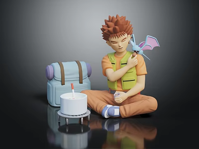 Game Movie Character With Brown Hair Orange Vest Holding Blue Winged Companion Blue Backpack White Cake Red Candle 3d model