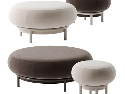 Modern Round Ottoman Stools with Beige Brown Upholstery and Metal Legs 3d model