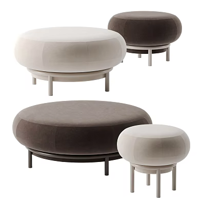 Modern Round Ottoman Stools with Beige Brown Upholstery and Metal Legs 3d model