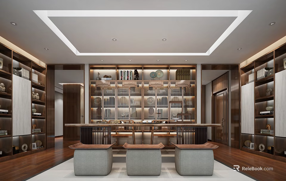 Modern Study Room Interior Design With Wooden Bookshelves Long Desk And Comfortable Stools 3d model 