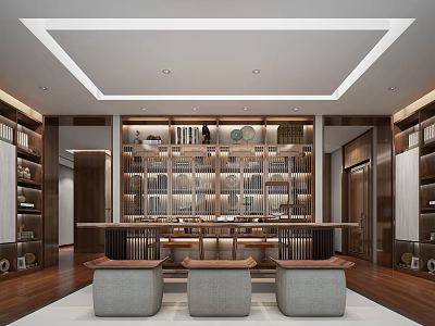 Modern Study Room Interior Design With Wooden Bookshelves Long Desk And Comfortable Stools 3d model