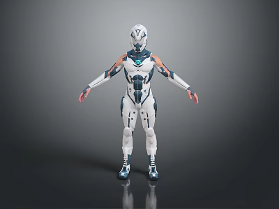 Futuristic Mechanical Character In White Blue Armor With Detailed Design Standing 3d model