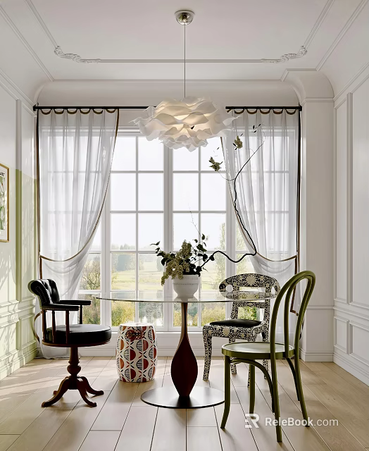Bright Restaurant Interior With Large Window White Curtains Flower Vase Table And Chairs 3d model 