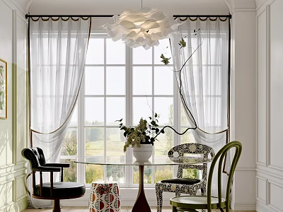 Bright Restaurant Interior With Large Window White Curtains Flower Vase Table And Chairs 3d model