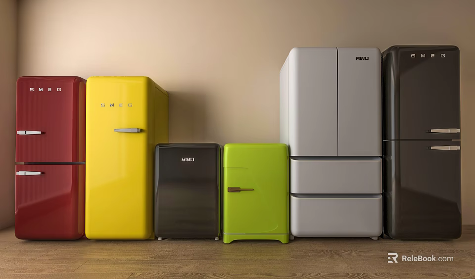 Colorful Retro And Modern Style Refrigerators And Freezers In Various Designs 3d model 