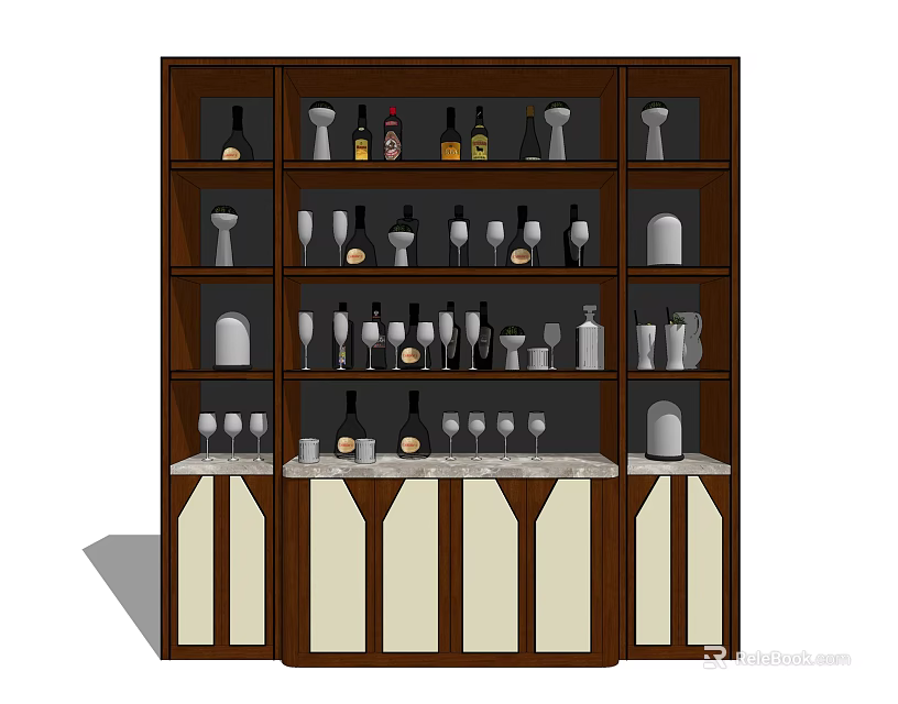 Wooden Wine Cabinet with Multiple Shelves Storing Wine Bottles Wine Glasses and Decorative Items 3d model 