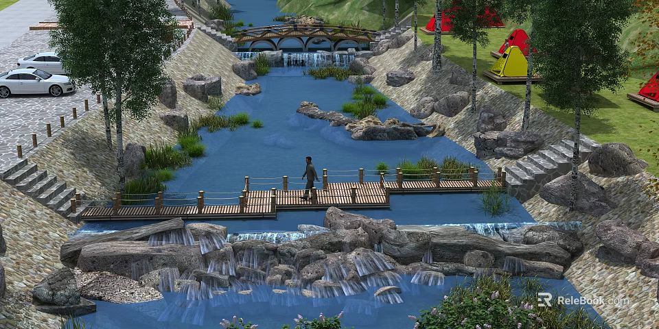 Wooden Bridge Over Scenic Stream With Person Walking And Natural Rocks Vegetation 3d model 