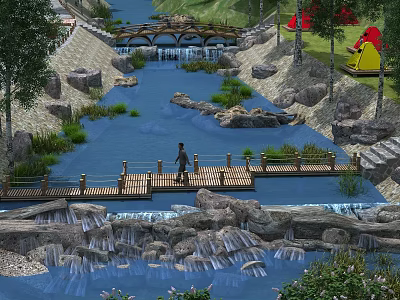 Wooden Bridge Over Scenic Stream With Person Walking And Natural Rocks Vegetation 3d model