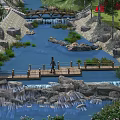 Wooden Bridge Over Scenic Stream With Person Walking And Natural Rocks Vegetation