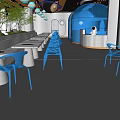 Modern Restaurant Interior With Curved Ceiling Blue Lighting And Astronaut Decor