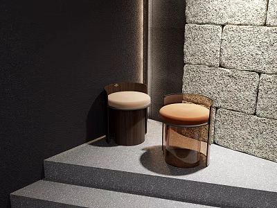 Two Modern Stools With Light Upholstered Seats Wood Transparent Bases By Stone Wall On Steps 3d model
