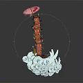 Cartoon Style Red Pagoda Tower With Pink Umbrella On Blue Wave Base