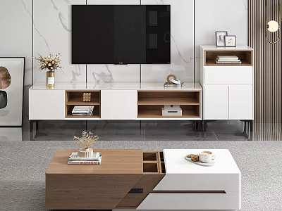 Modern TV Stand with White Wooden Storage Shelves TV and Decorative Items in Living Room 3d model