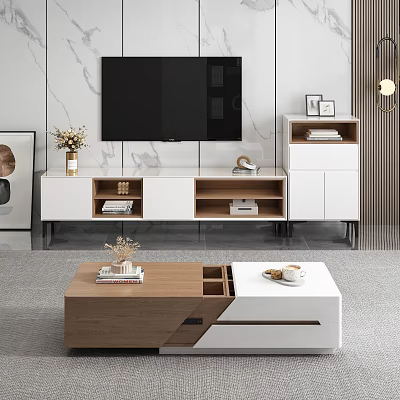 Modern TV Stand with White Wooden Storage Shelves TV and Decorative Items in Living Room 3d model