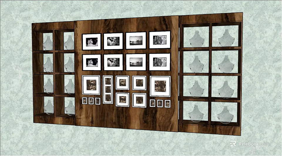 Wooden Display Shelves With Symmetrical Arrangement Of Picture Frames And Decorative Items 3d model 