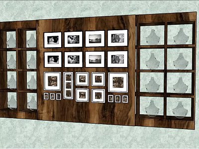 Wooden Display Shelves With Symmetrical Arrangement Of Picture Frames And Decorative Items 3d model