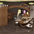 Japanese Restaurant Interior Featuring Red Colored Lanterns Wooden Counter Chairs and Shelves with Tableware