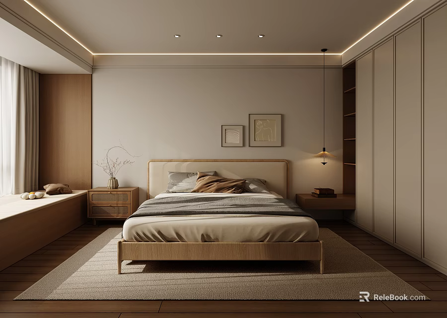 Cozy Modern Bedroom With Wooden Bed Bedside Tables Framed Pictures Pendant Light And Rug 3d model 