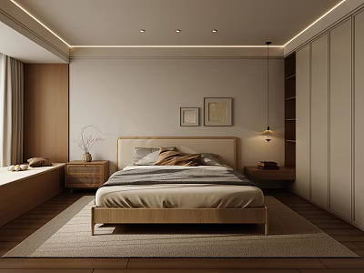 Cozy Modern Bedroom With Wooden Bed Bedside Tables Framed Pictures Pendant Light And Rug 3d model