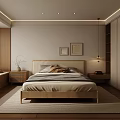 Cozy Modern Bedroom With Wooden Bed Bedside Tables Framed Pictures Pendant Light And Rug