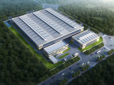 Modern Industrial Factory Building With Large Roof Structure Green Trees And Road Access 3d model