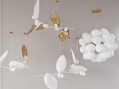 Modern Artistic Chandelier With White Leaf Shaped And Gold Metal Accents For Interior Design 3d model
