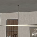 Modern Linear Pendant Light In Living Room With Wooden Shelves And Curtains